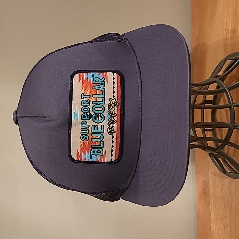 TROLL CO. CLOTHING Support Blue Collar Adjustable Snapback Meshback Trucker Cap - Picture 3 of 16